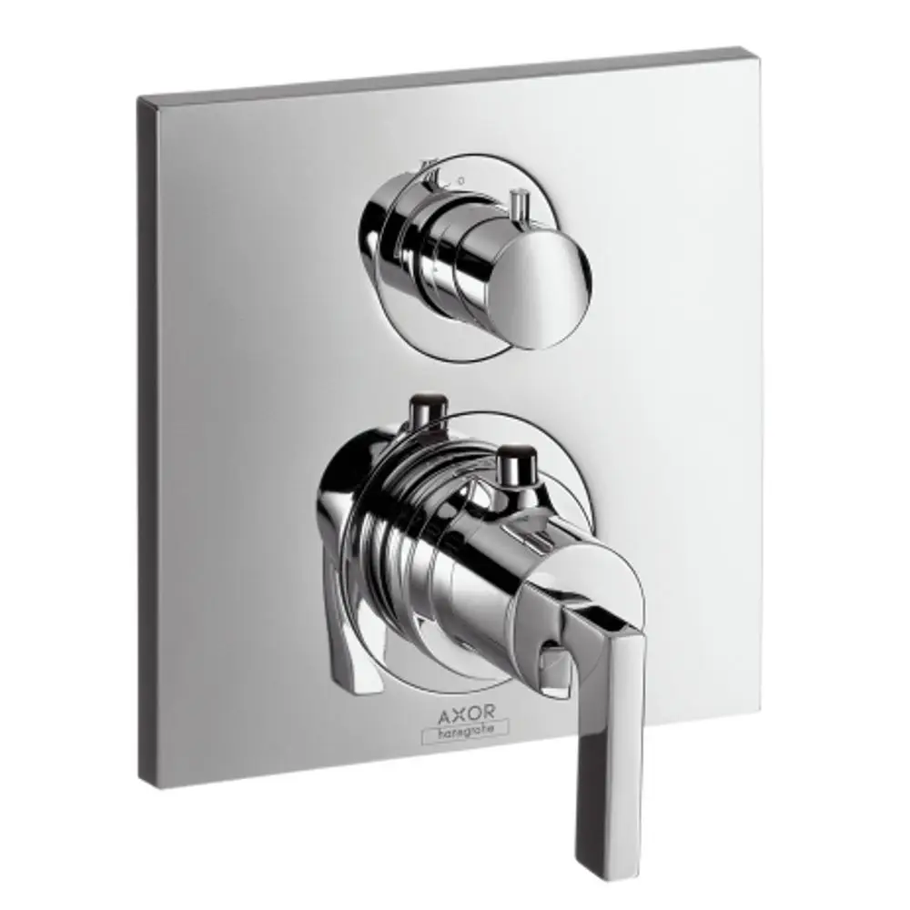 Thermostat Unterputz mit Absperrventil und Hebelgriff in Chrom. AXOR-Design mit zwei zentralen Bedienelementen zur Temperatureinstellung und Wassersteuerung.